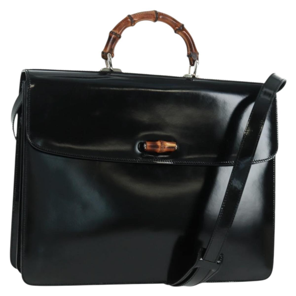 Gucci Bamboo Hand Bag Enamel 2way Black Gold 015 1046 3304 Auth Bs32052